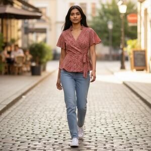 Monteau Top Women’s Sz Med Orange Floral V-Neck Faux Wrap Short Flutter